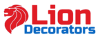 Lion Decorators main logo. Red lion face with decorators writing on blue.